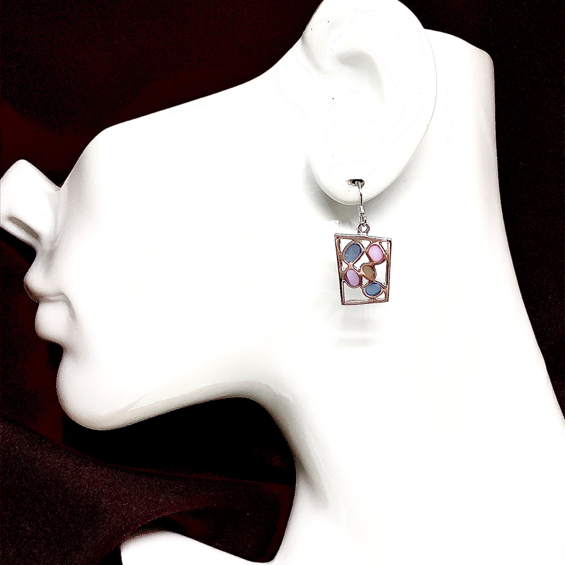 Womens Sterling Silver Dangle Earrings, Baby Blue Pink 925 Silver Geometric Design Earrings