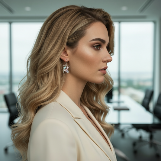 Woman in a beige suit standing in an office setting with Baby Blue and Pink Modern Style Sterling Silver Dangle Earrings