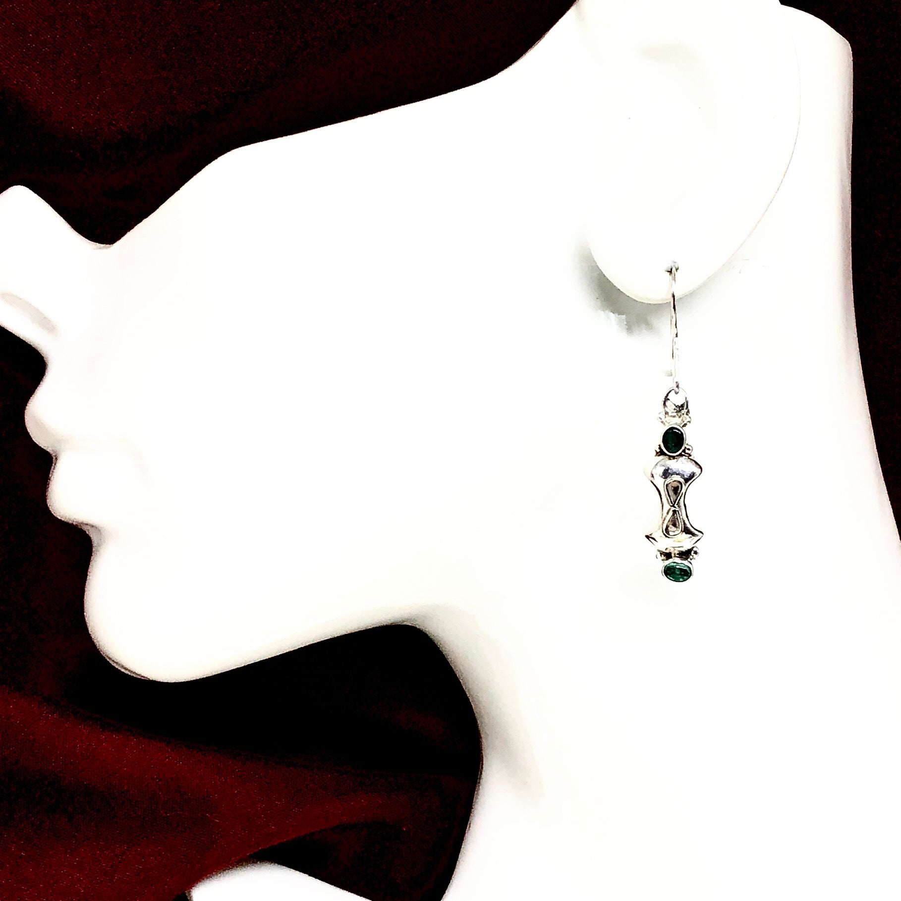 Sterling Silver Emerald Earrings, Handcrafted Matching Infinity Design 925 Silver Pendant