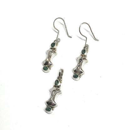 Pair of silver earrings with green emerald gemstones plus matching necklace pendant