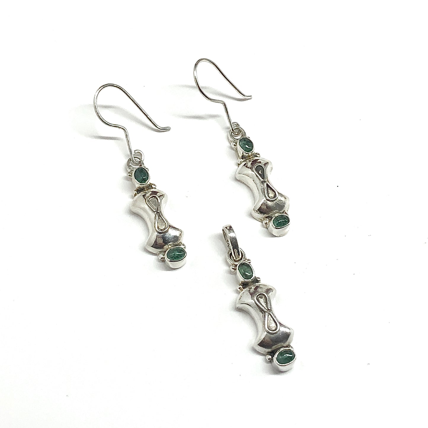 Sterling Silver Emerald Earrings, Matching Infinity Design 925 Silver Pendant