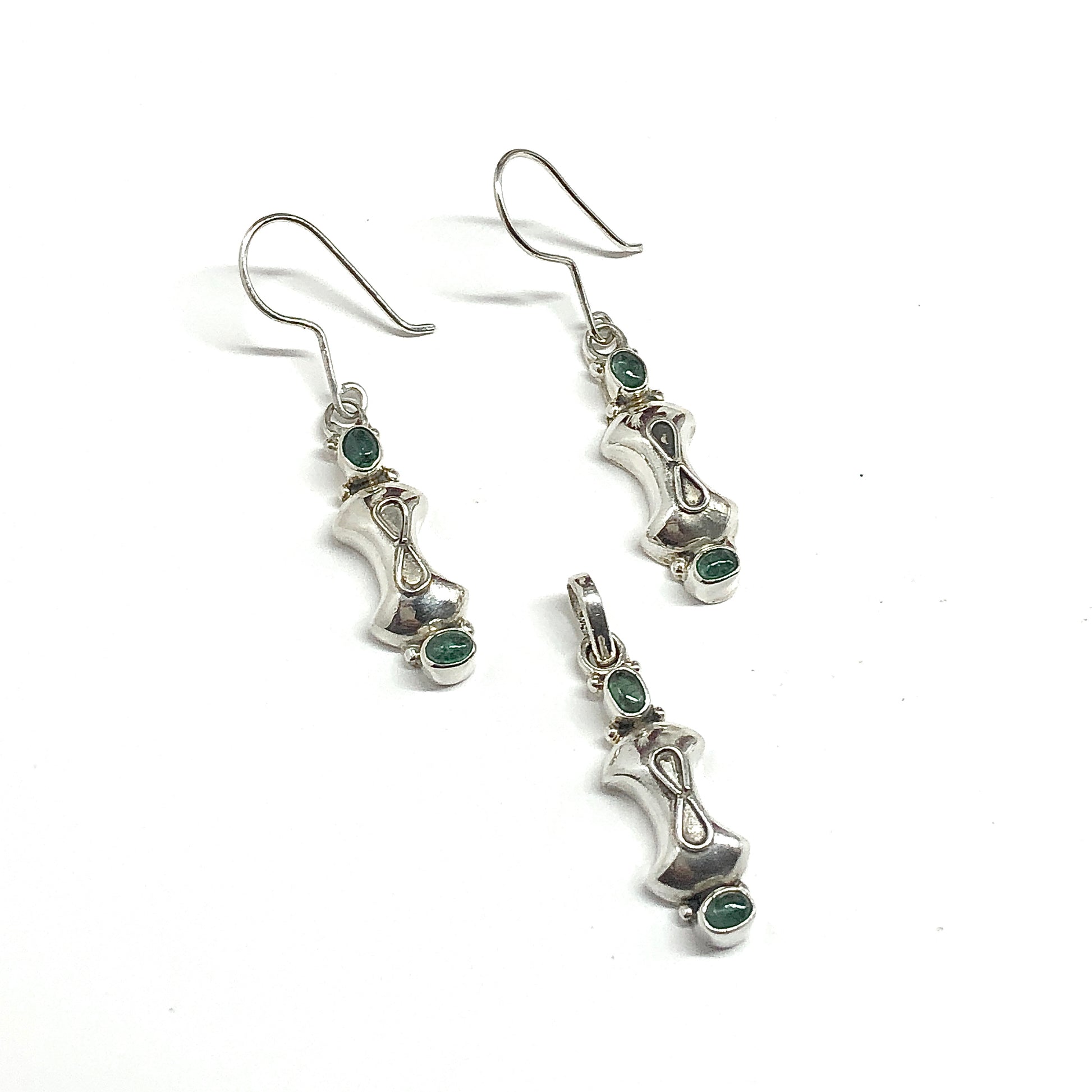 Sterling Silver Emerald Earrings, Matching Infinity Design 925 Silver Pendant