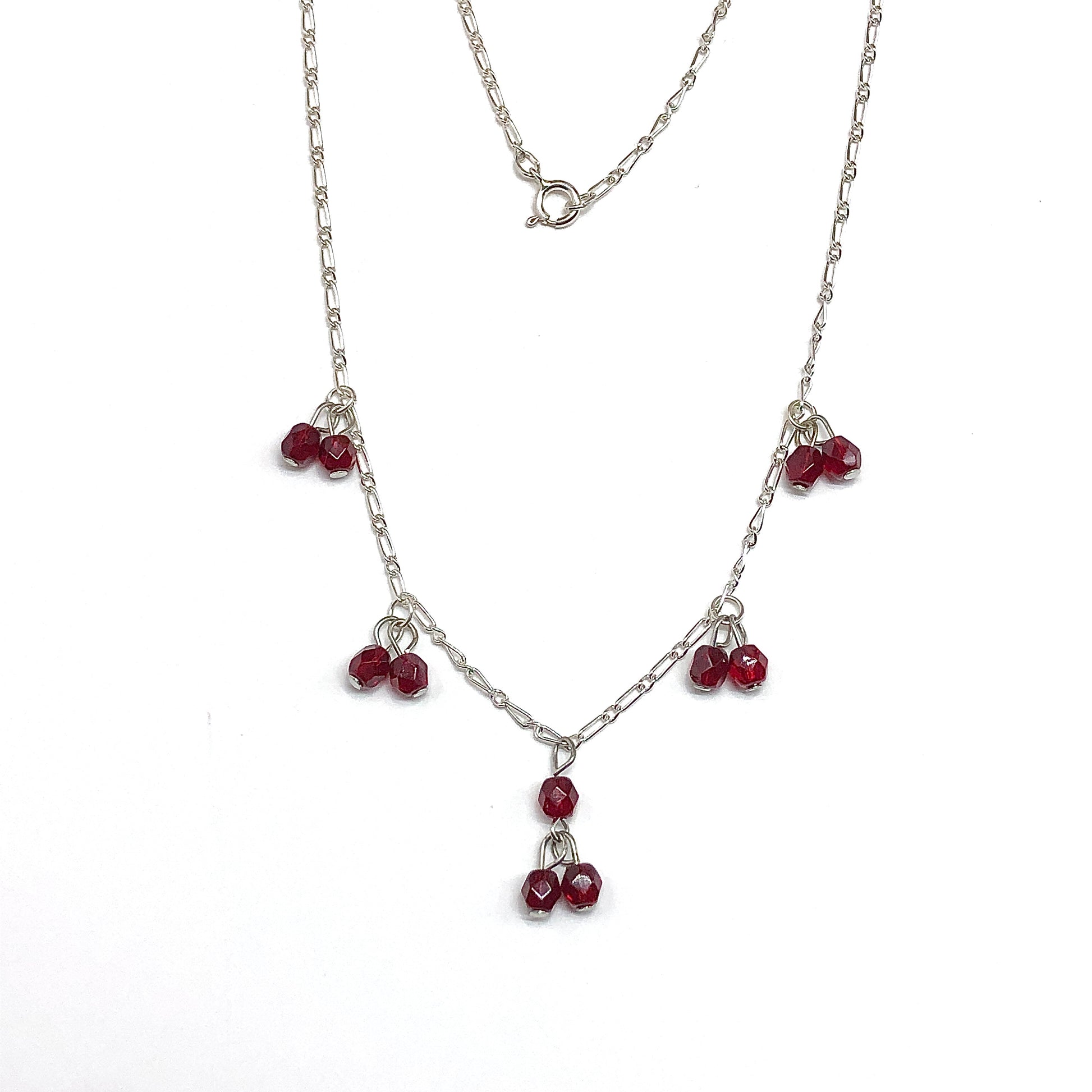 Seductive Sterling Silver Choker Necklace, Sultry Red Crystal Paperclip Chain Festoon Necklace