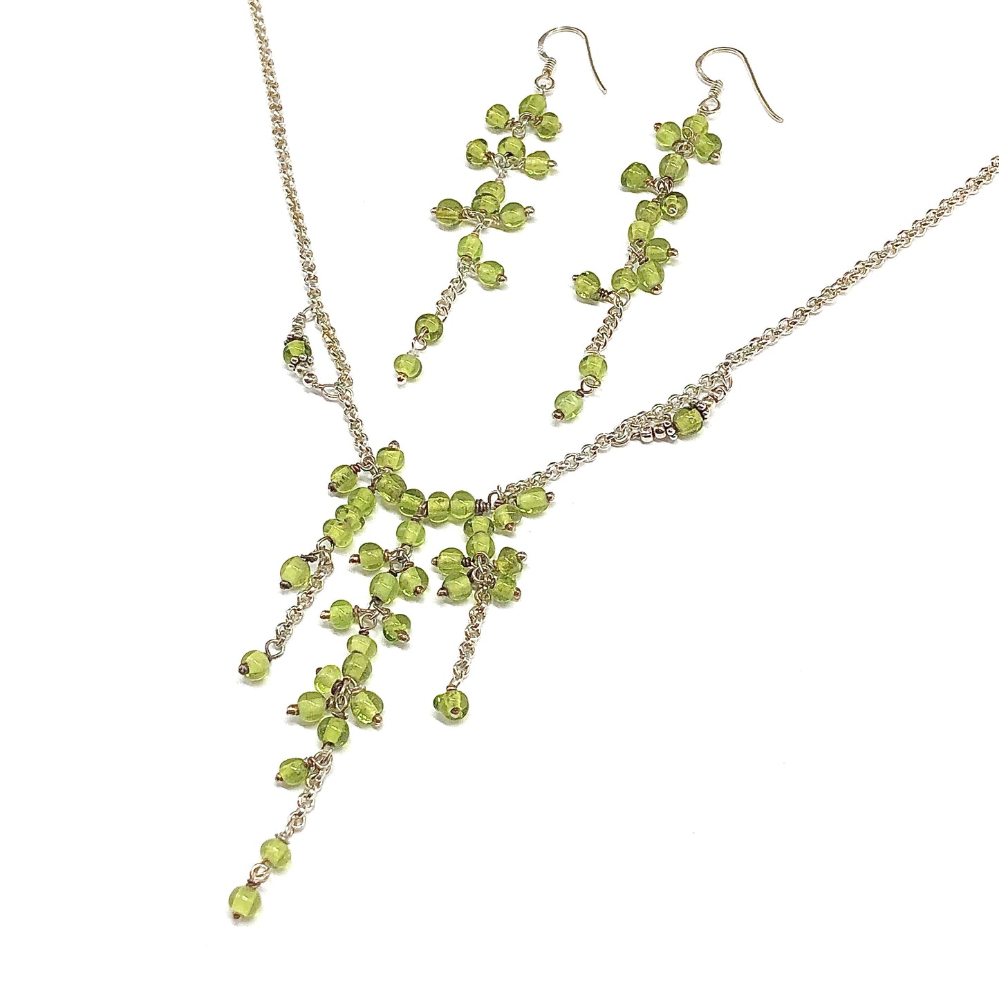 Sterling Silver Beaded Y-Necklace + Dangle Earrings, Stylish Spring Green matching jewelry set