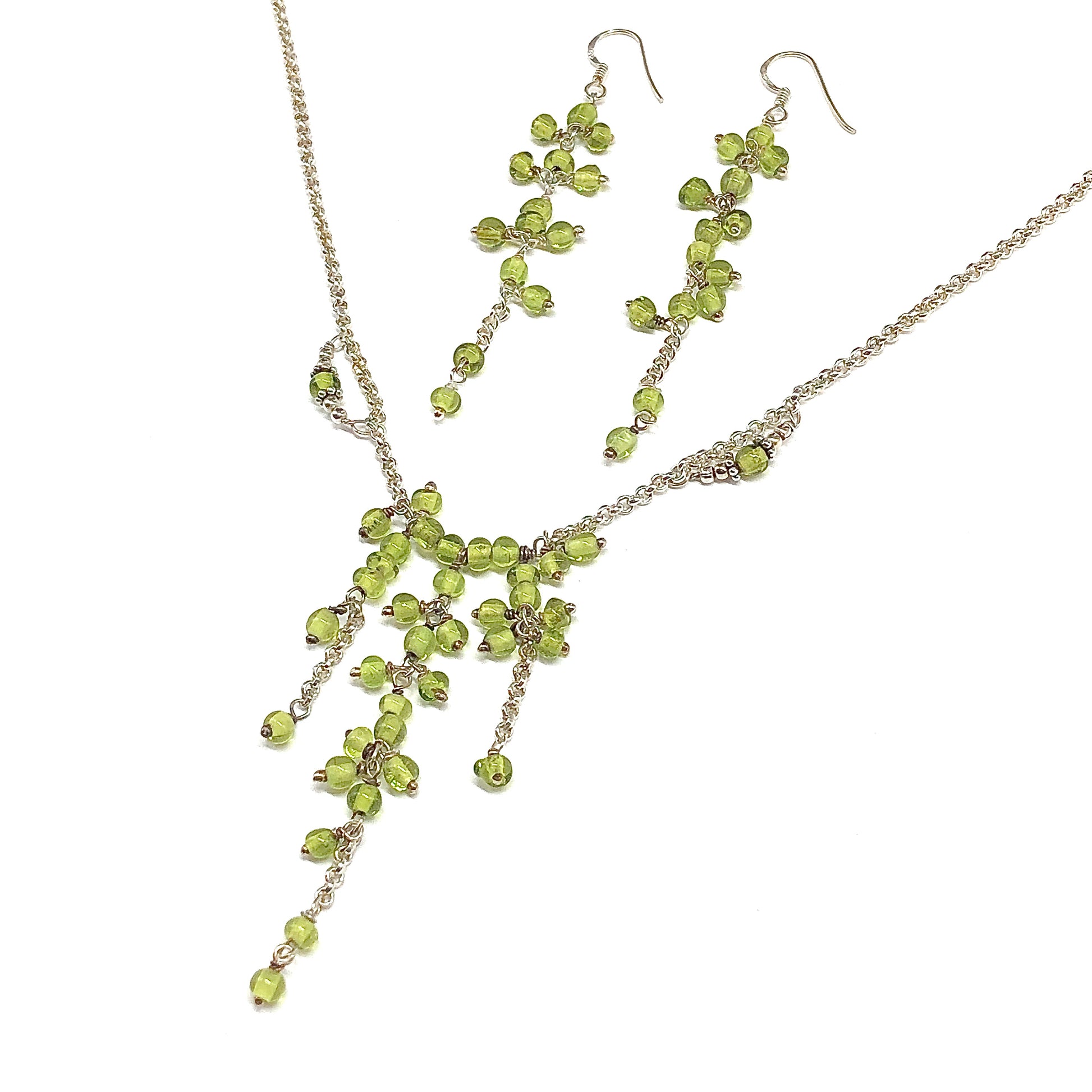 Sterling Silver Beaded Y-Necklace + Dangle Earrings, Stylish Spring Green matching jewelry set