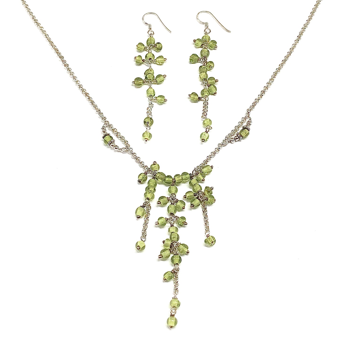 Sterling Silver Rolo Chain Necklace + Earrings, Stylish Spring Green Beaded Y-Necklace