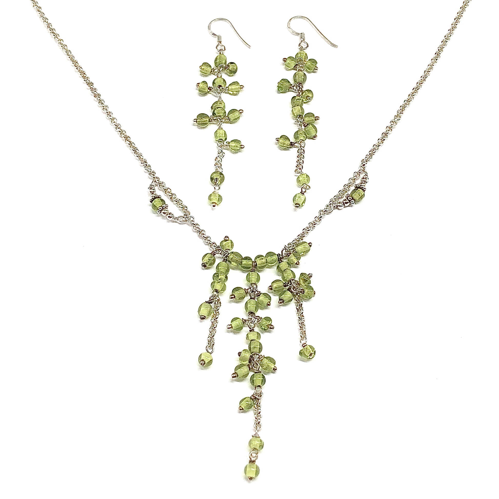 Sterling Silver Rolo Chain Necklace + Earrings, Stylish Spring Green Beaded Y-Necklace