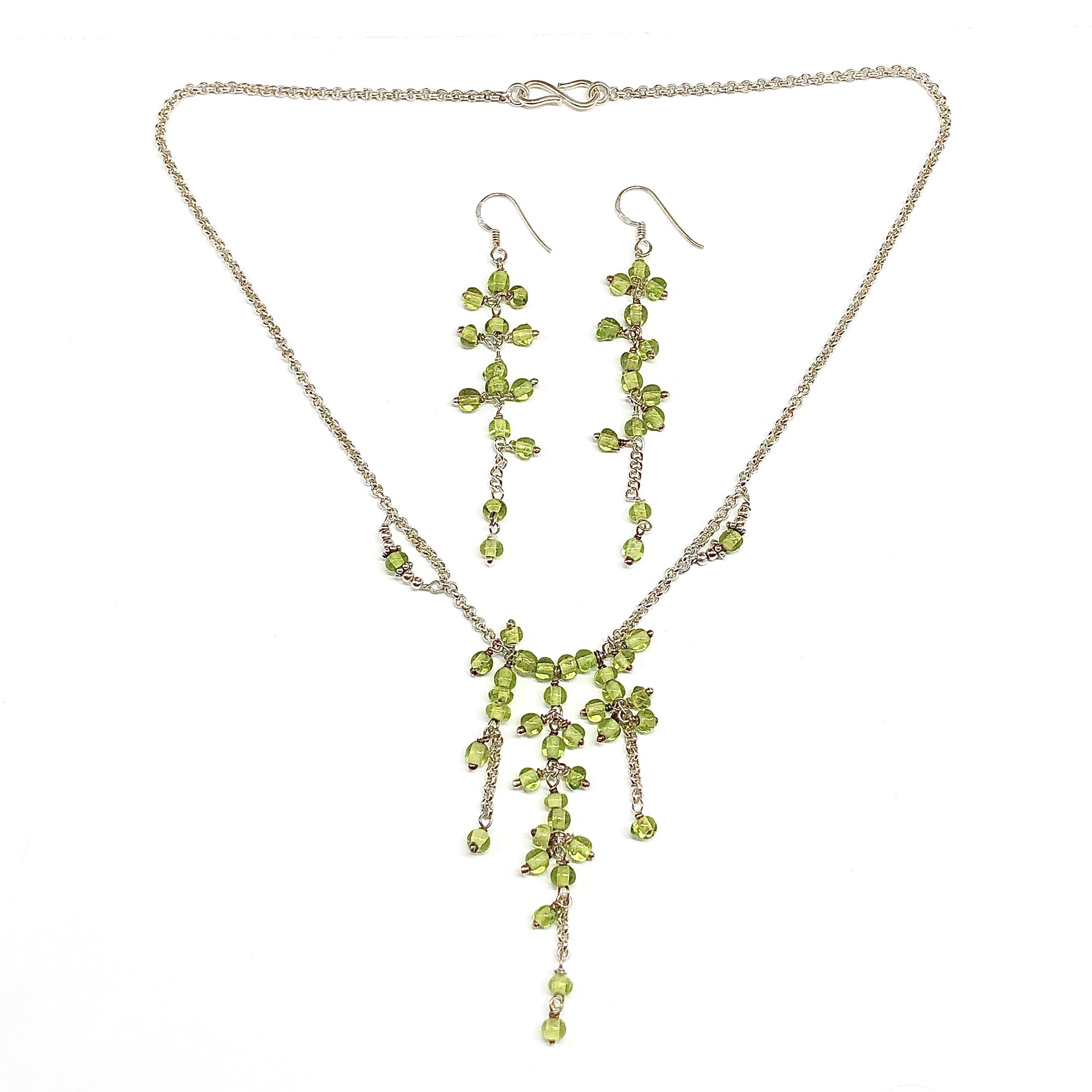 Sterling Silver Rolo Chain Necklace + Earrings, Stylish Spring Green Small Beaded Stone Lavaliere Necklace
