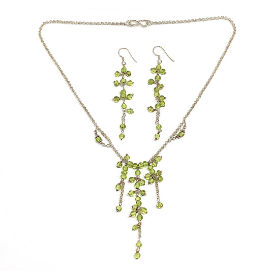 Sterling Silver Rolo Chain Necklace + Earrings, Stylish Spring Green Small Beaded Stone Lavaliere Necklace