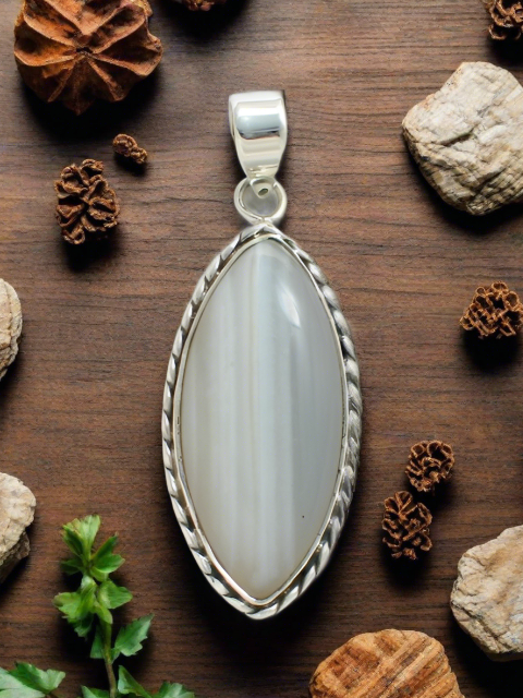 Shades of Gray Banded Agate Stone Sterling Silver Pendant