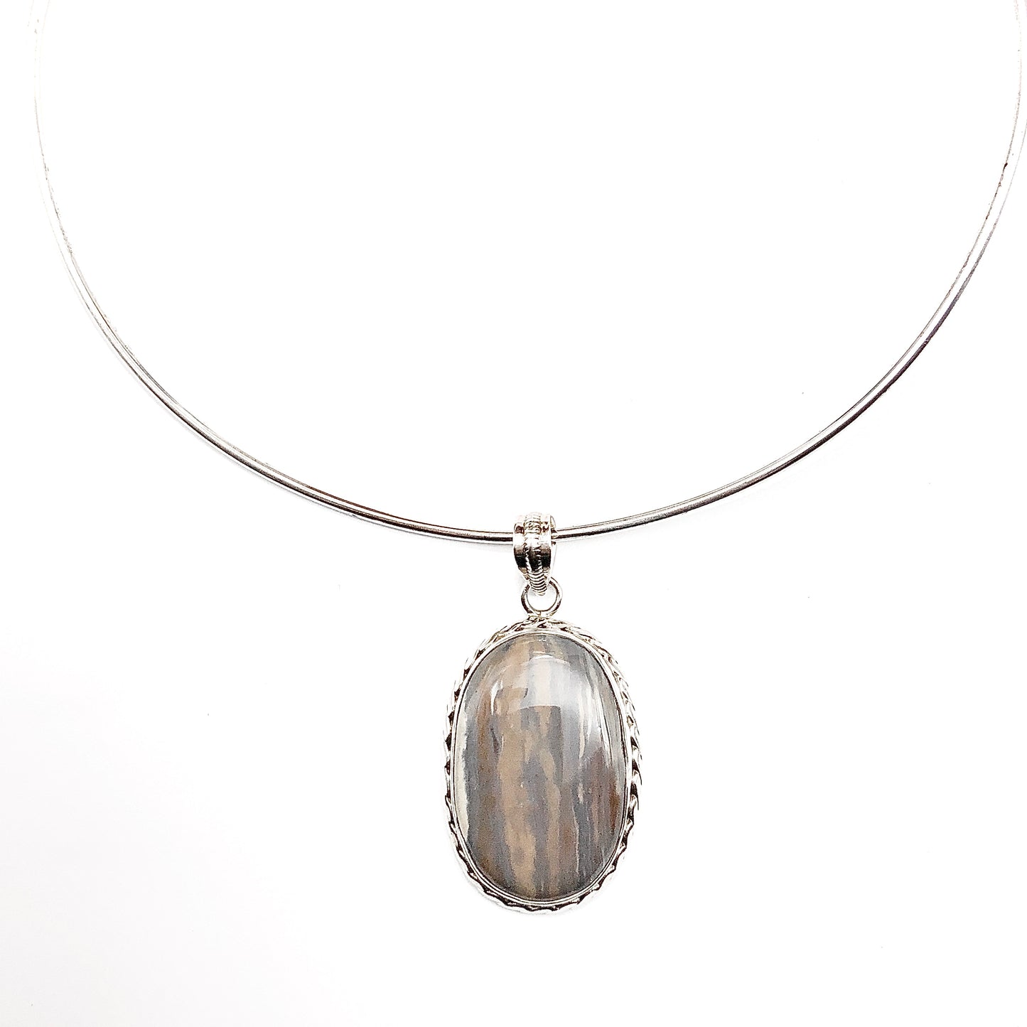Sterling Silver Stone Pendant, Unisex Style Tree Bark Camo color Agate 925 Silver Pendant