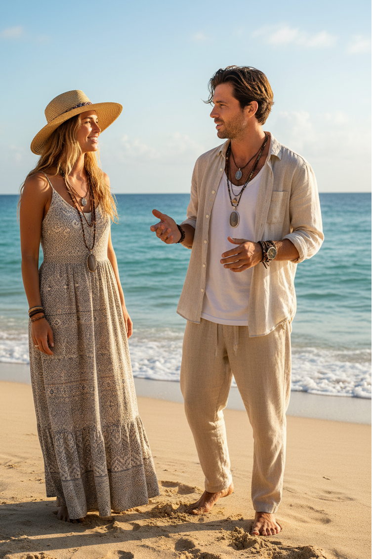 A man and a woman standing on a sandy beach talking, with ocean and blue sky in background. Woman wears a beige boho-style maxi dress, agate stone pendant necklace and wide-brim straw hat, and the man wears a light beige shirt and matching pants accessorizing with a big jasper stone pendant.