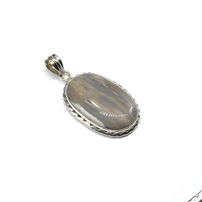 Mens Sterling Silver Stone Pendant, Unisex Style Tree Bark Camo color Agate 925 Silver Pendant