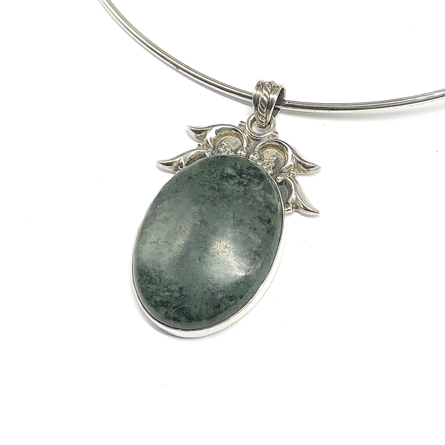 Sterling Silver Stone Pendant, Big Green Oval Agate 925 Silver Pendant