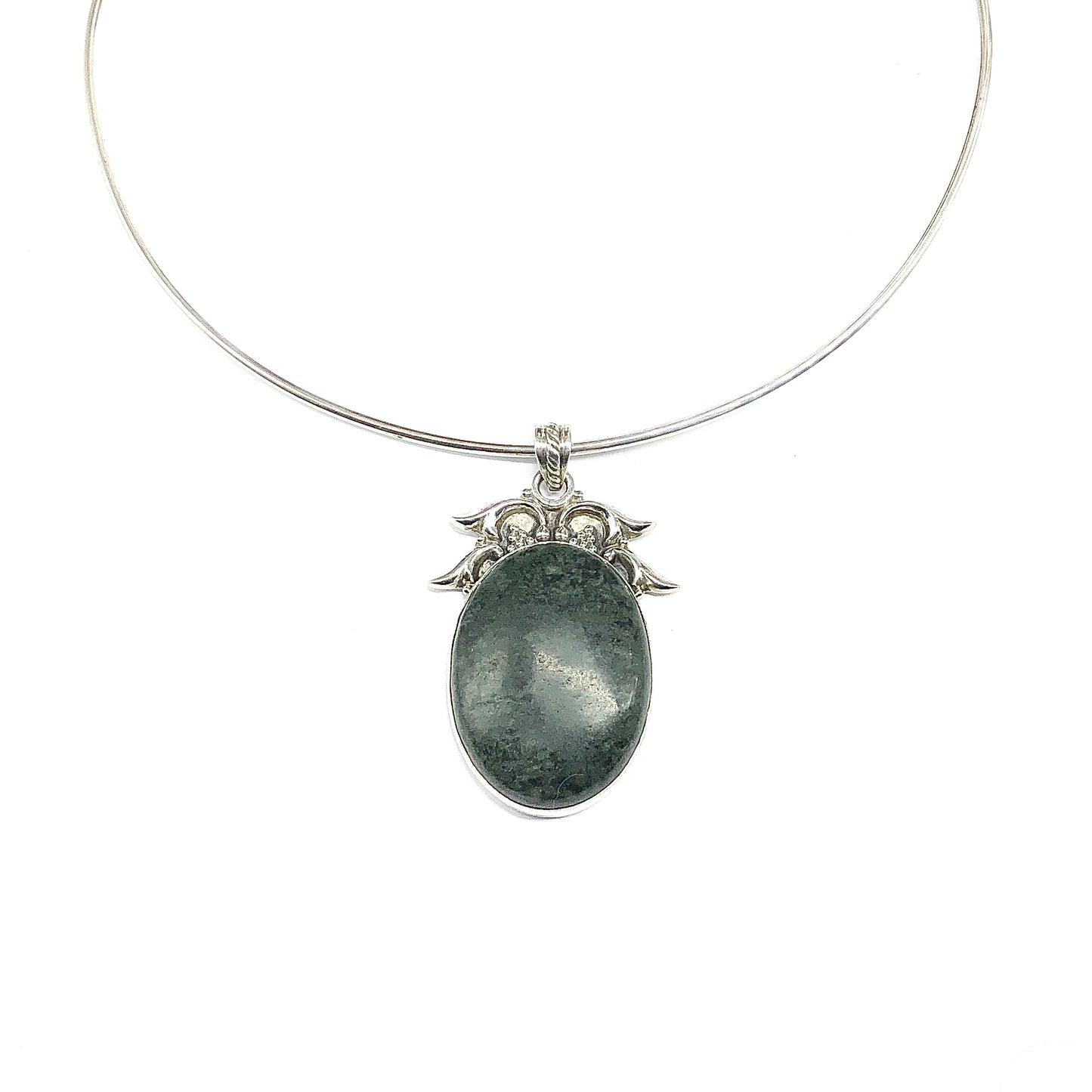Sterling Silver Stone Pendant, Big Green Oval Agate 925 Silver Pendant