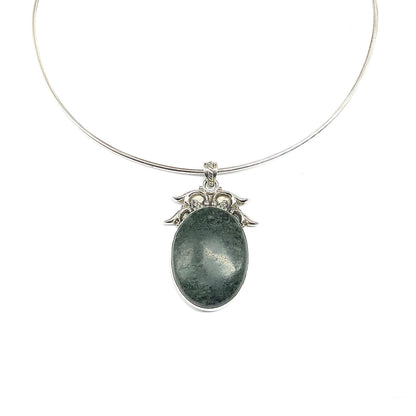 Sterling Silver Stone Pendant, Big Green Oval Agate 925 Silver Pendant