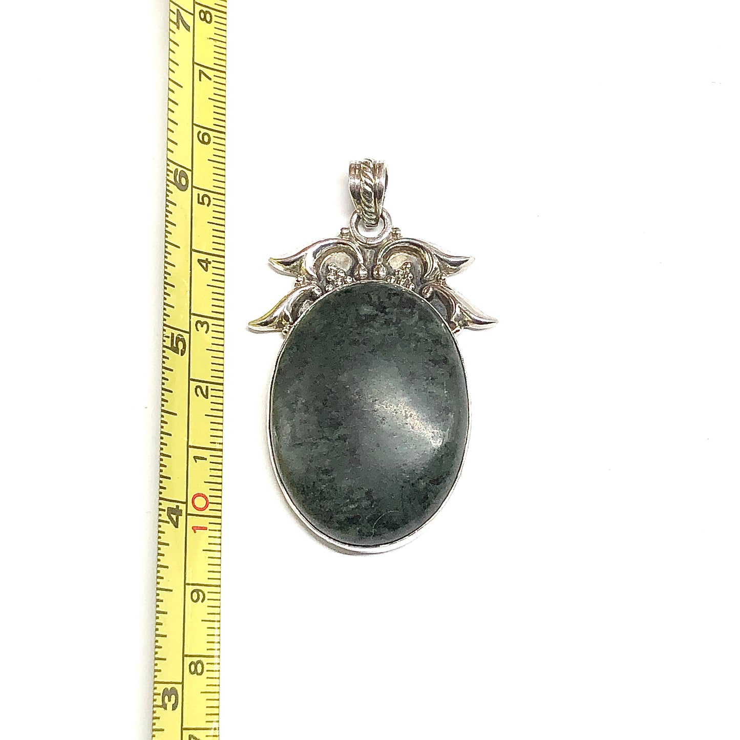 Sterling Silver Stone Pendant, Big Green Oval Agate 925 Silver Pendant