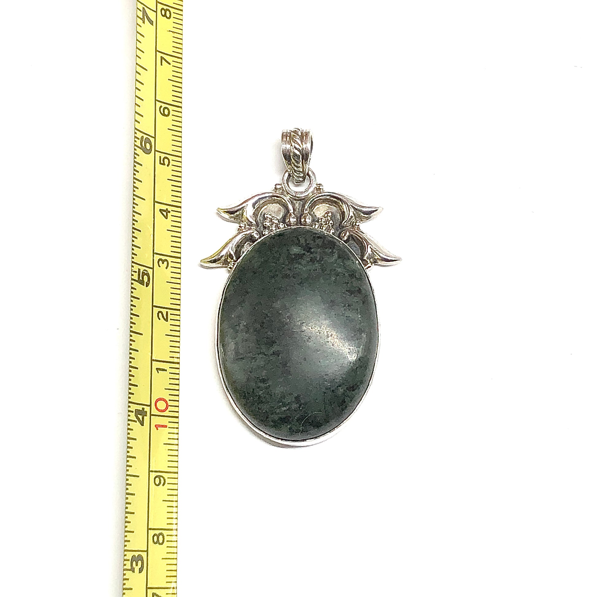 Sterling Silver Stone Pendant, Big Green Oval Agate 925 Silver Pendant