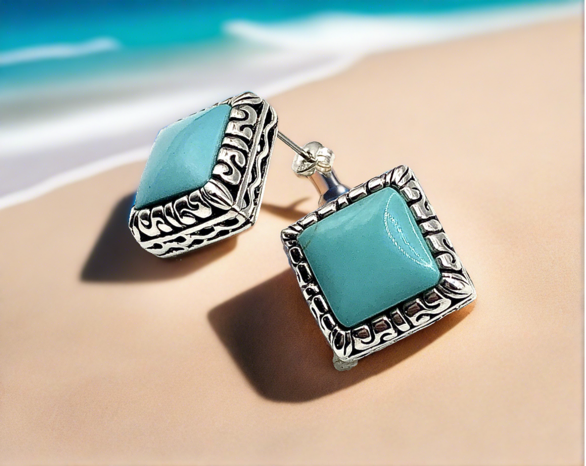 Sterling Silver Earrings, Square Style Blue Turquoise Stone Big Stud Earrings