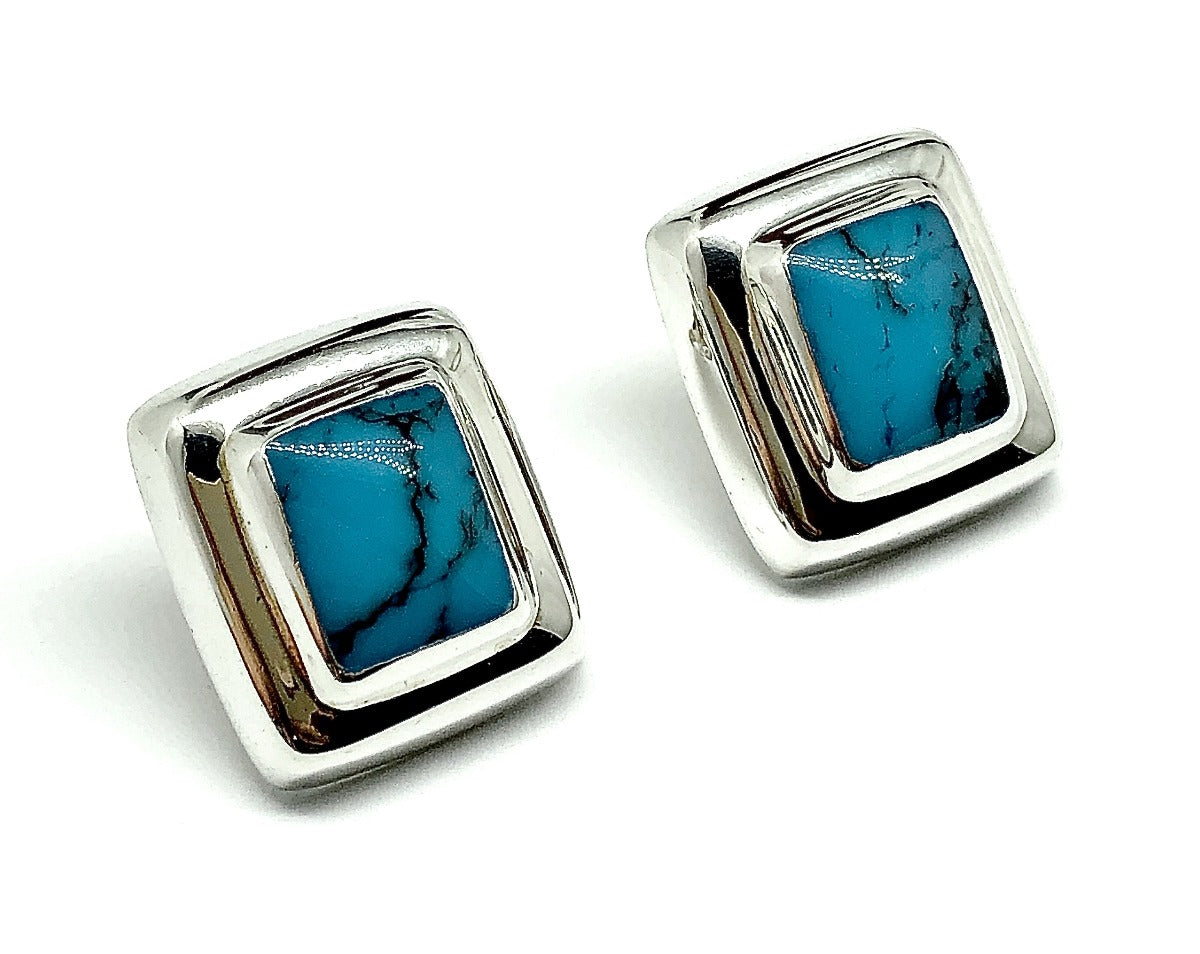 Sterling Silver Bold Geometric Design Blue Turquoise Drop Earrings