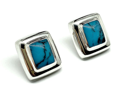 Sterling Silver Bold Geometric Design Blue Turquoise Drop Earrings - Blingschlingers