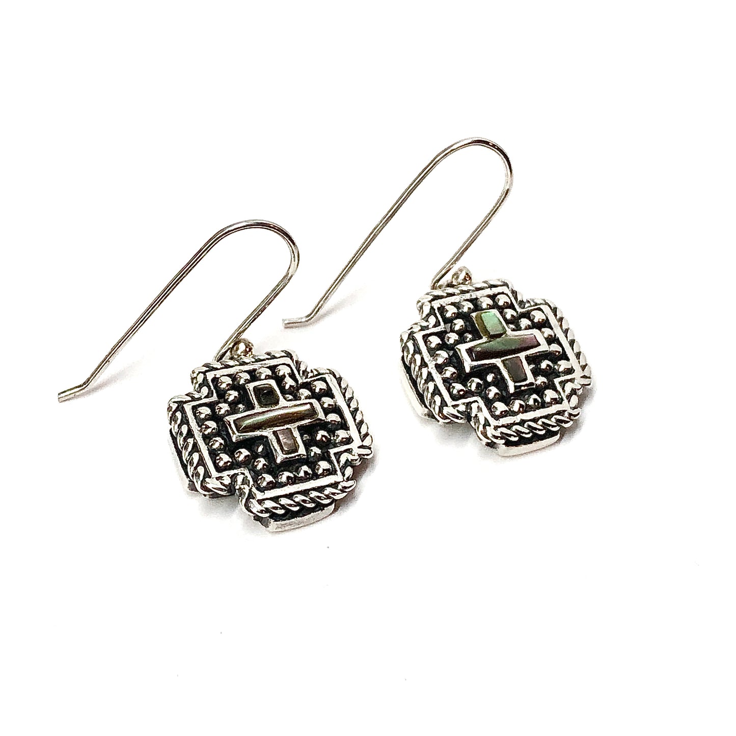 Boho Style Abalone Shell Cross Sterling Silver Hook Dangle Earrings