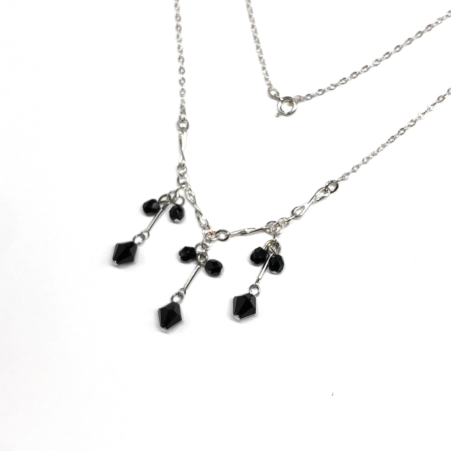 Sterling Silver Choker Necklace, 15.5" - Black Crystal 3 Strand Drop Tassel Necklace