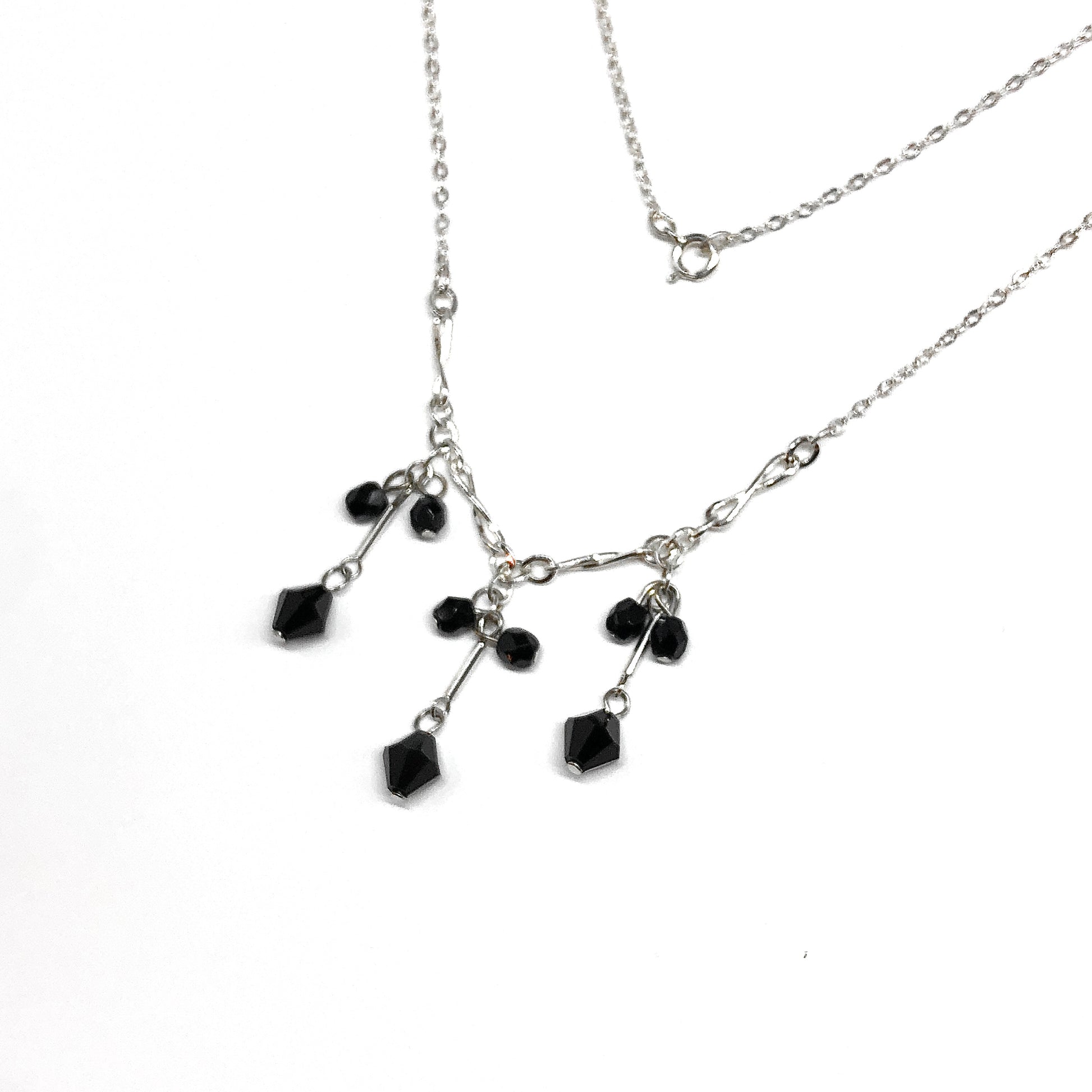 Sterling Silver Choker Necklace, 15.5" - Black Crystal 3 Strand Drop Tassel Necklace