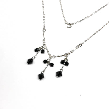 Sterling Silver Choker Necklace, 15.5" - Black Crystal 3 Strand Drop Tassel Necklace