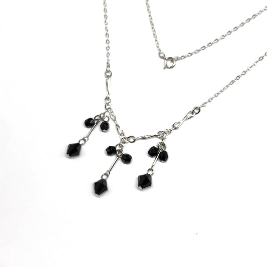 Sterling Silver Choker Necklace, 15.5" - Black Crystal 3 Strand Drop Tassel Necklace