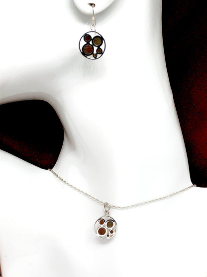 Womens Matching Jewelry Set | Chic Sterling Silver Bamboo Circle Dangle Earrings Pendant Necklace set | 15 in Choker Necklace