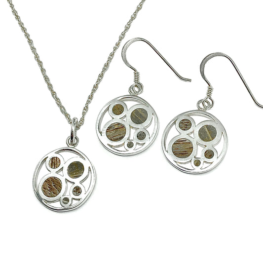Sterling Silver Circle Design Dangle Earrings + Pendant Necklace