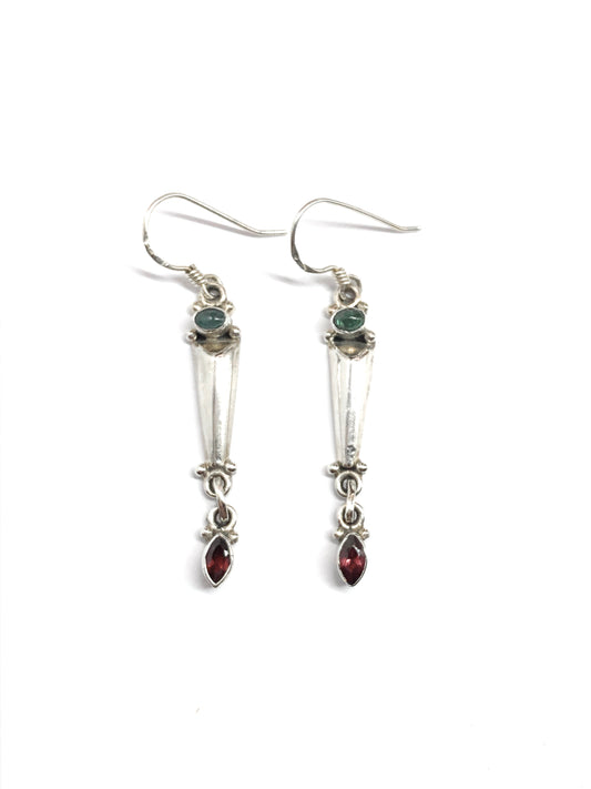 Sterling Silver Dangle Earrings, Handcrafted Green and Red Stone 925 Silver Dangle Earrings