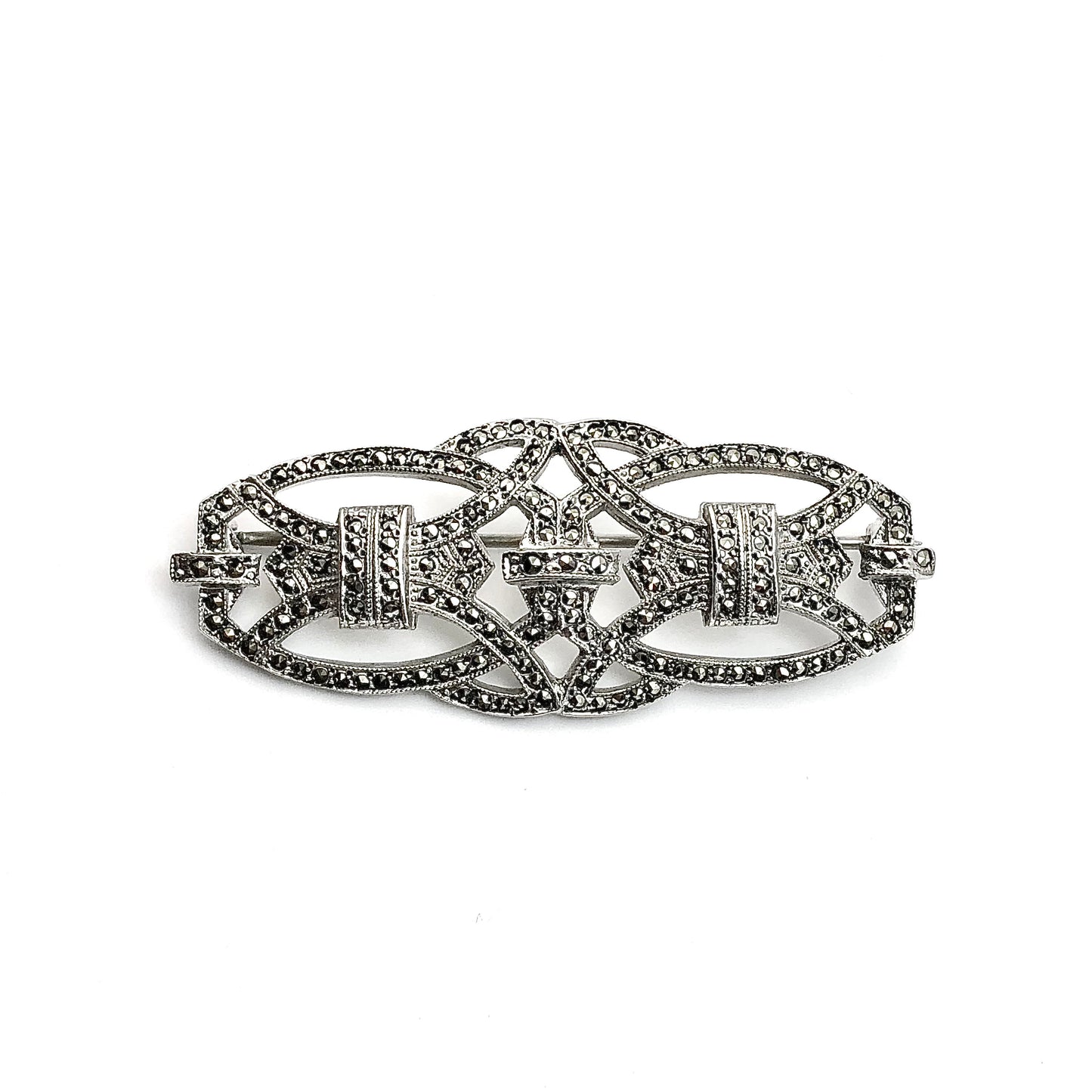 Sterling Silver Marcasite Brooch, Vintage Traditional Style Glinting Marcasite Stone Brooch