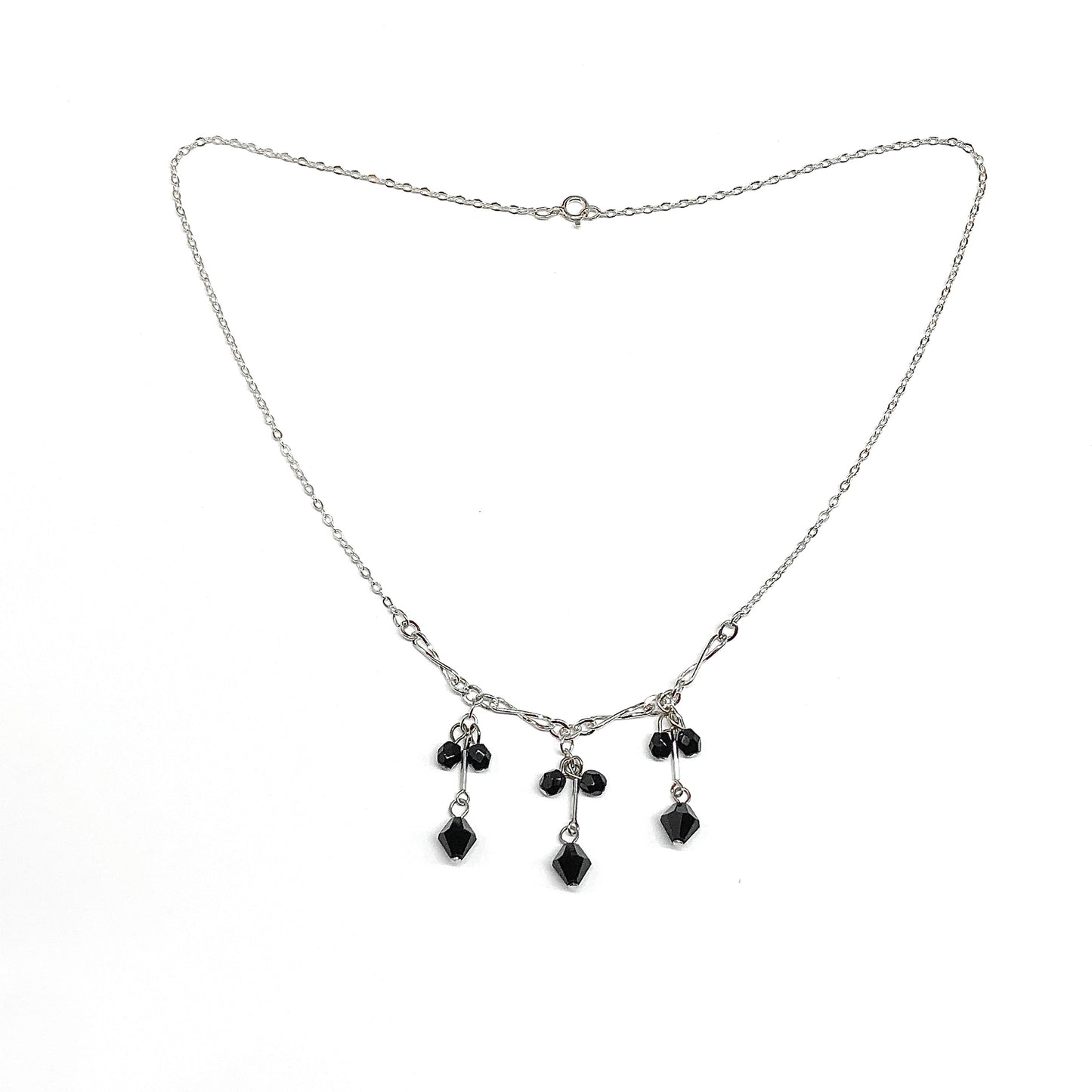 Sterling Silver Necklace, 15.5" Black Crystal Drop Tassel Necklace