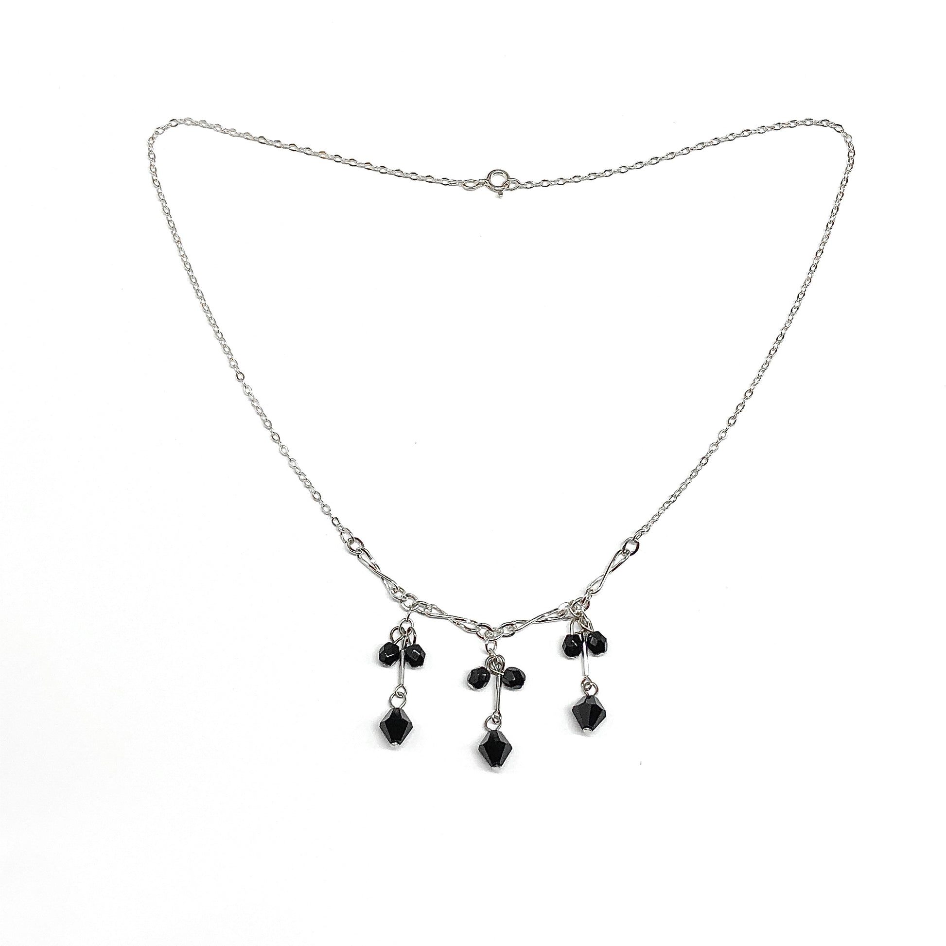 Sterling Silver Necklace, 15.5" Black Crystal Drop Tassel Necklace