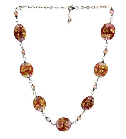 Sterling Silver Bead Necklace, Gorgeous Shimmering Golden Sunset Murano Glass Fall Fashion Necklace