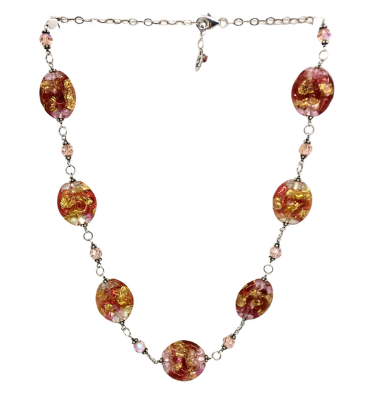 Sterling Silver Bead Necklace, Gorgeous Shimmering Golden Sunset Murano Glass Fall Fashion Necklace