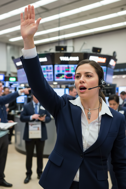 A woman on a busy stock market floor wearing a navy blue blazer and white collared shirt, accessorized in a 925 silver mauve pink jasper stone pendant necklace while wearing a headset, with one hand raised.