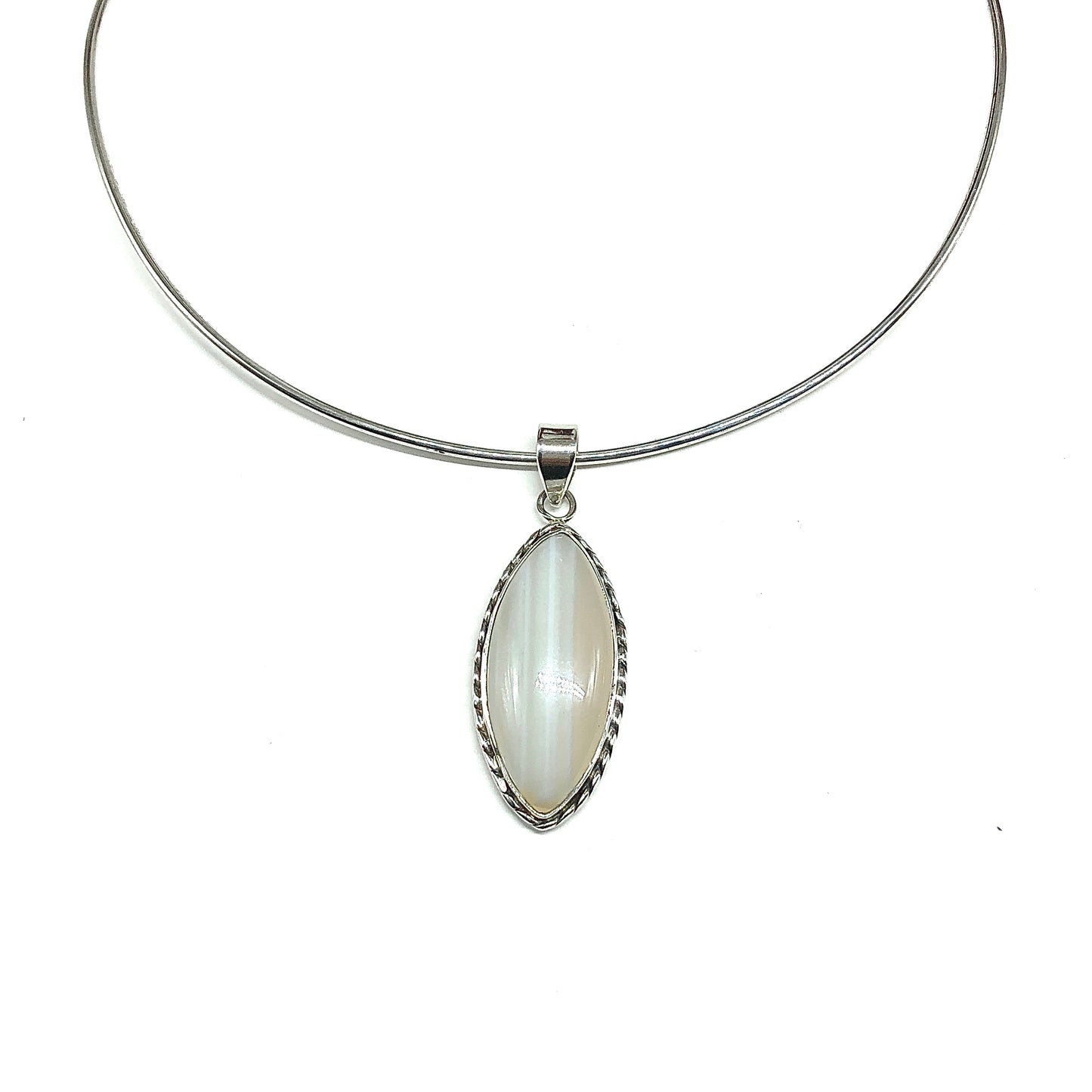 Sterling Silver Pendant, Mens or Womens Edgy Style Translucent Banded Agate Stone Pendant