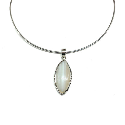 Sterling Silver Pendant, Mens or Womens Edgy Style Translucent Banded Agate Stone Pendant
