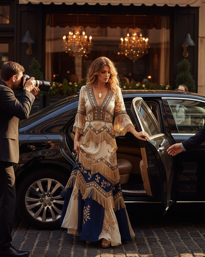 A woman in a bohemian-style beige and navy fringe maxi dress accessorized by a simple sterling silver marquise agate stone pendant necklace, stands by an open black car at a restaurant curbside, with a photographer on the left and another person at the right.
