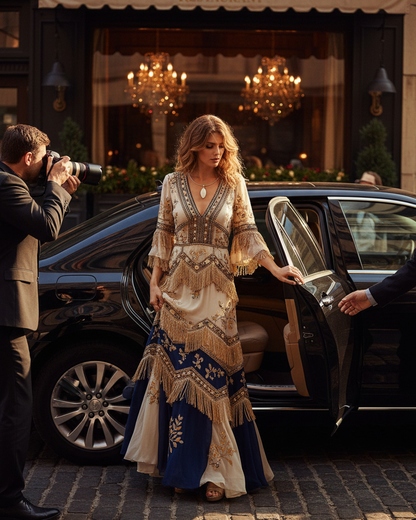 A woman in a bohemian-style beige and navy fringe maxi dress accessorized by a simple sterling silver marquise agate stone pendant necklace, stands by an open black car at a restaurant curbside, with a photographer on the left and another person at the right.