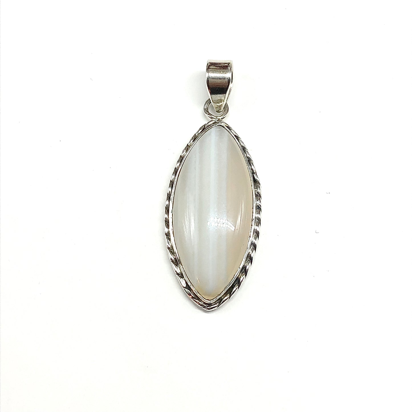 A 925 sterling silver pendant featuring a marquise-shaped translucent tan and white cat's eye gemstone, set in a twisted rope 925 silver bezel with large bail at top.