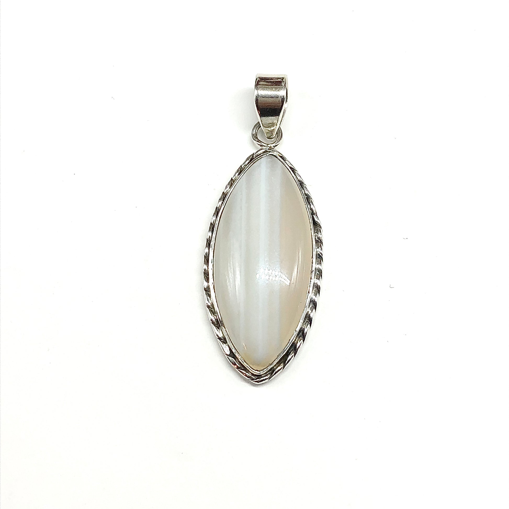 A 925 sterling silver pendant featuring a marquise-shaped translucent tan and white cat's eye gemstone, set in a twisted rope 925 silver bezel with large bail at top.