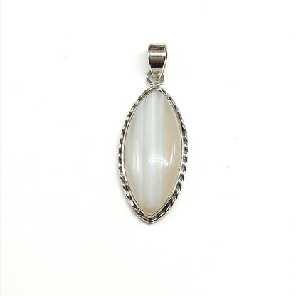 A 925 sterling silver pendant featuring a marquise-shaped translucent tan and white cat's eye gemstone, set in a twisted rope 925 silver bezel with large bail at top.