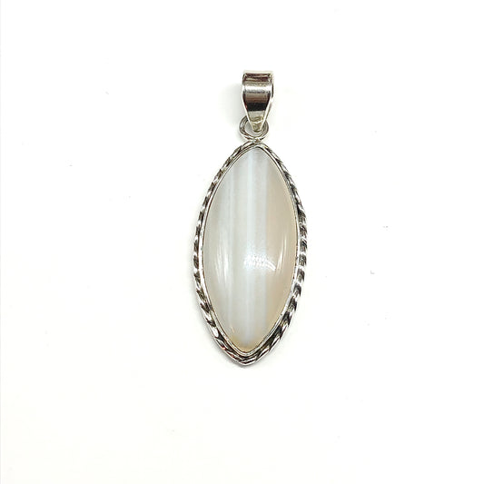 A 925 sterling silver pendant featuring a marquise-shaped translucent tan and white cat's eye gemstone, set in a twisted rope 925 silver bezel with large bail at top.