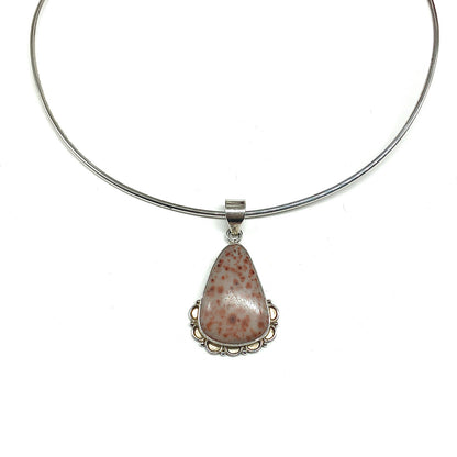 Sterling Silver Pendant, Unisex style Burnt Orange Dot Jasper Stone 925 Silver Pendant