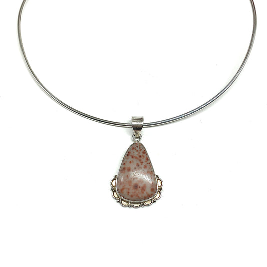 Sterling Silver Pendant, Unisex style Burnt Orange Dot Jasper Stone 925 Silver Pendant