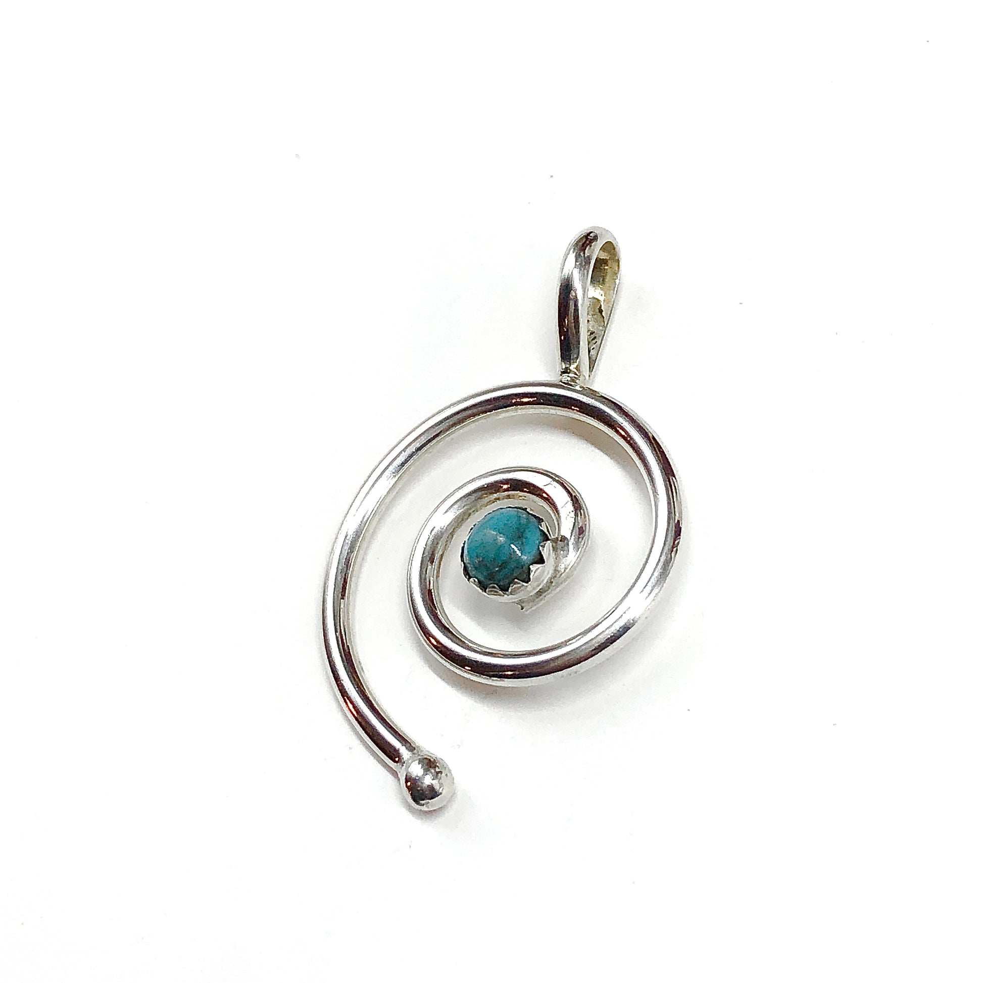 Sterling Silver Spiral Pendant - Southwest Style, Swirl Design, Estate Jewelry, 925 Silver Turquoise Stone Pendant